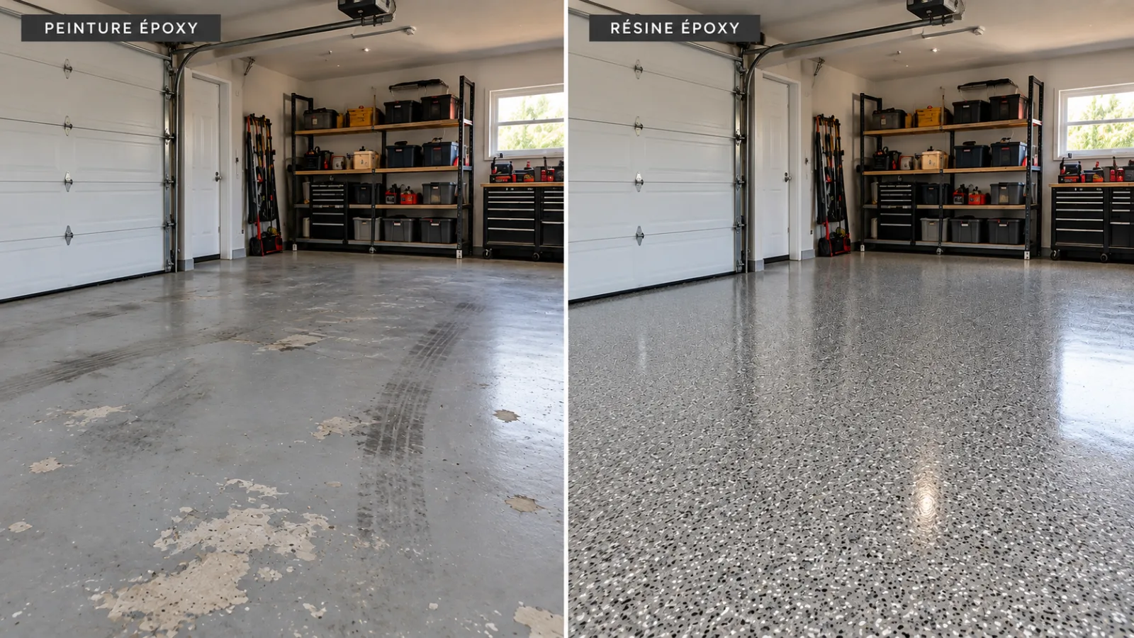 Comparaison d'un sol de garage en peinture époxy usée et d'un sol en résine époxy flake intact