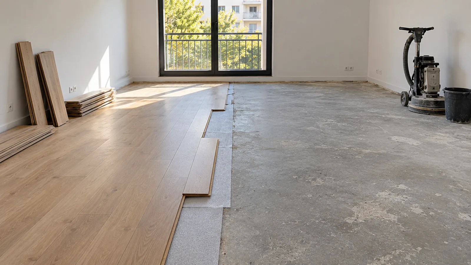 Dépose d'un parquet stratifié révélant la dalle béton avant la pose d'un sol en résine